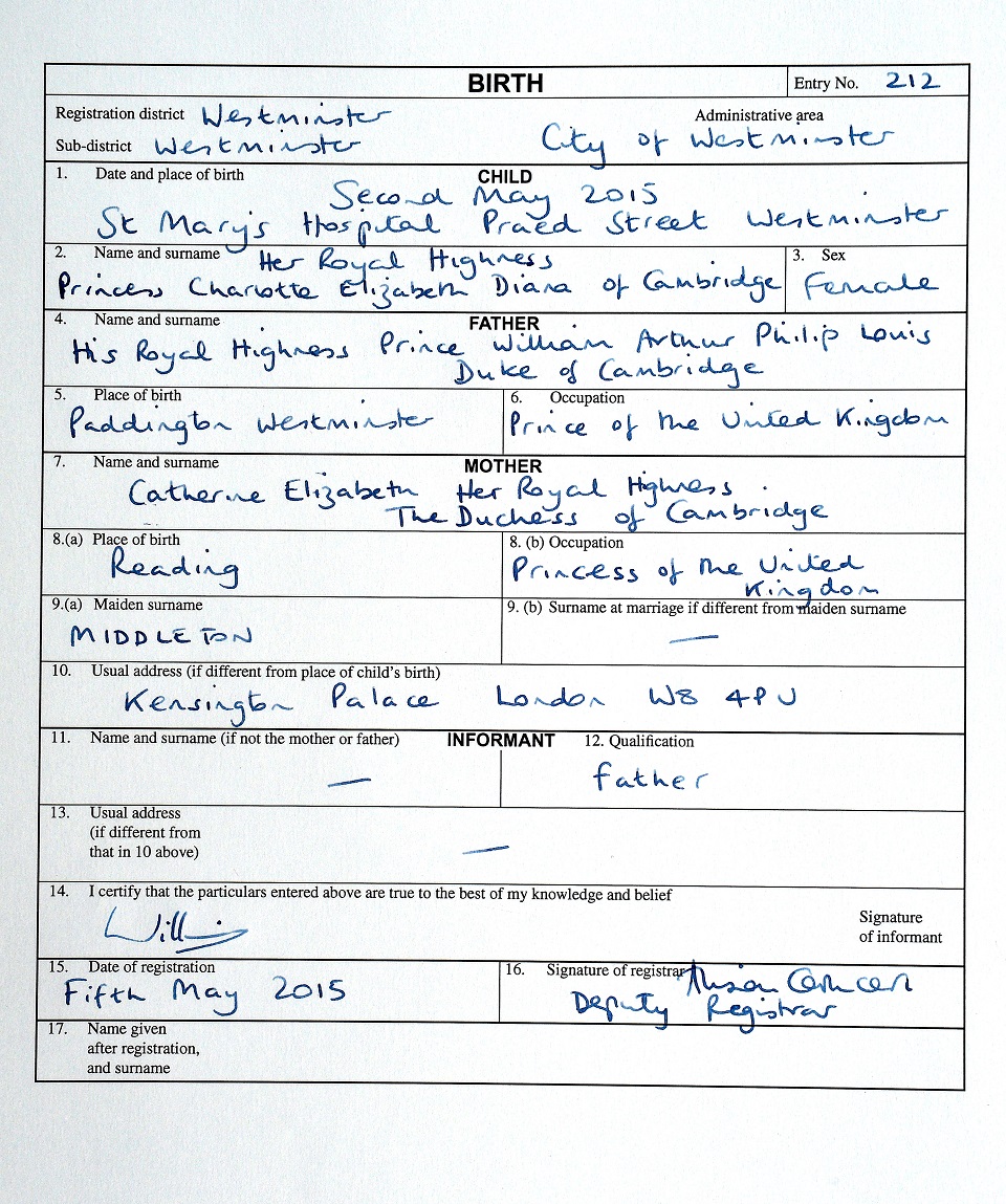 Look Princess Charlotte S Birth Certificate Lifestyle