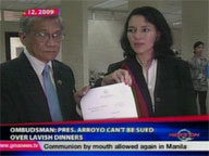 <b>QTV:</b> Ombudsman: Arroyo can't be sued over lavish dinner
