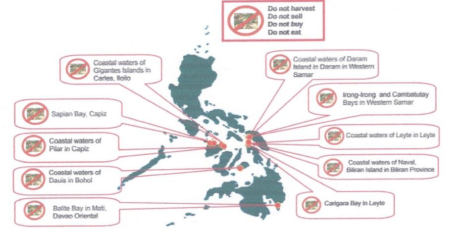 All types of shellfish and alamang gathered from these areas are NOT SAFE for human consumption. Source: BFAR