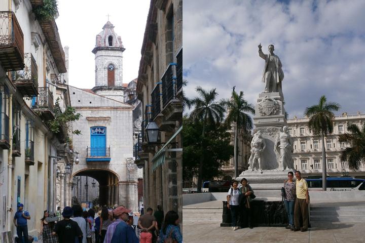 Left: 7 Old houses with balconies framing the cathedral's belfry. Right: Parque Nacional wuth Marti's statue