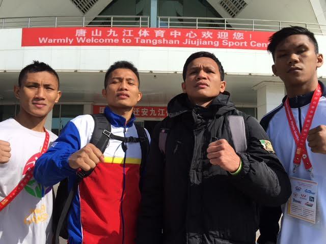 The Filipino Fab Four at the Tangshan Sports Centre after light training & breakfast today. From left, flyweight Rogen Ladon, bantamweight Mario Fernandez, lightweight Charly Suarez and welterweight Eumir Felix Marcial.. Photo courtesy of ABAP