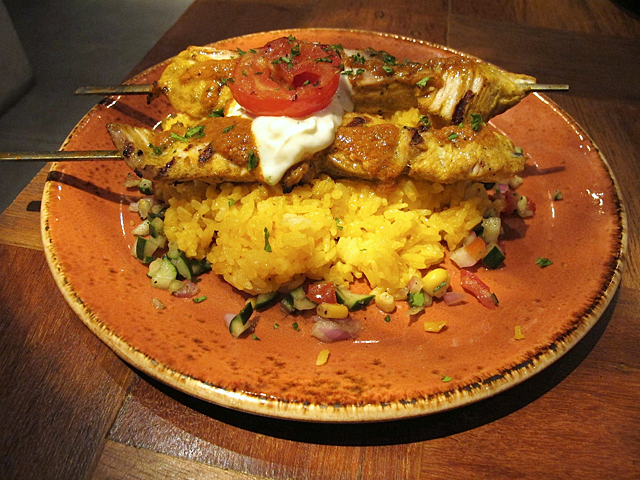 The Fish Mojo Skewer comes with Enye rice