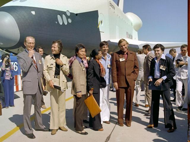 Reunited at NASA, 'Star Trek's' McCoy, Sulu, Uhura, Spock, creator Gene Roddenberry, and Chekov attend the dedication ceremony of the space shuttle Enterprise. Photo: NASA.