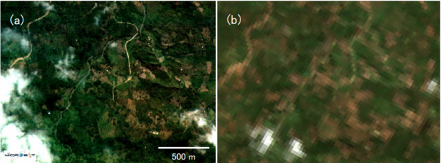 This graphic compares two RGB images of Dumingag on the island of Mindanao, Philippines. Image (a) was taken by the HPT installed in DIWATA-1, while image (b) was taken by Landsat 8â€™s OLI. These results demonstrate that DIWATA-1 can observe the Earth at significantly higher resolutions than existing large satellites. (Photo and caption from Hokkaido University)