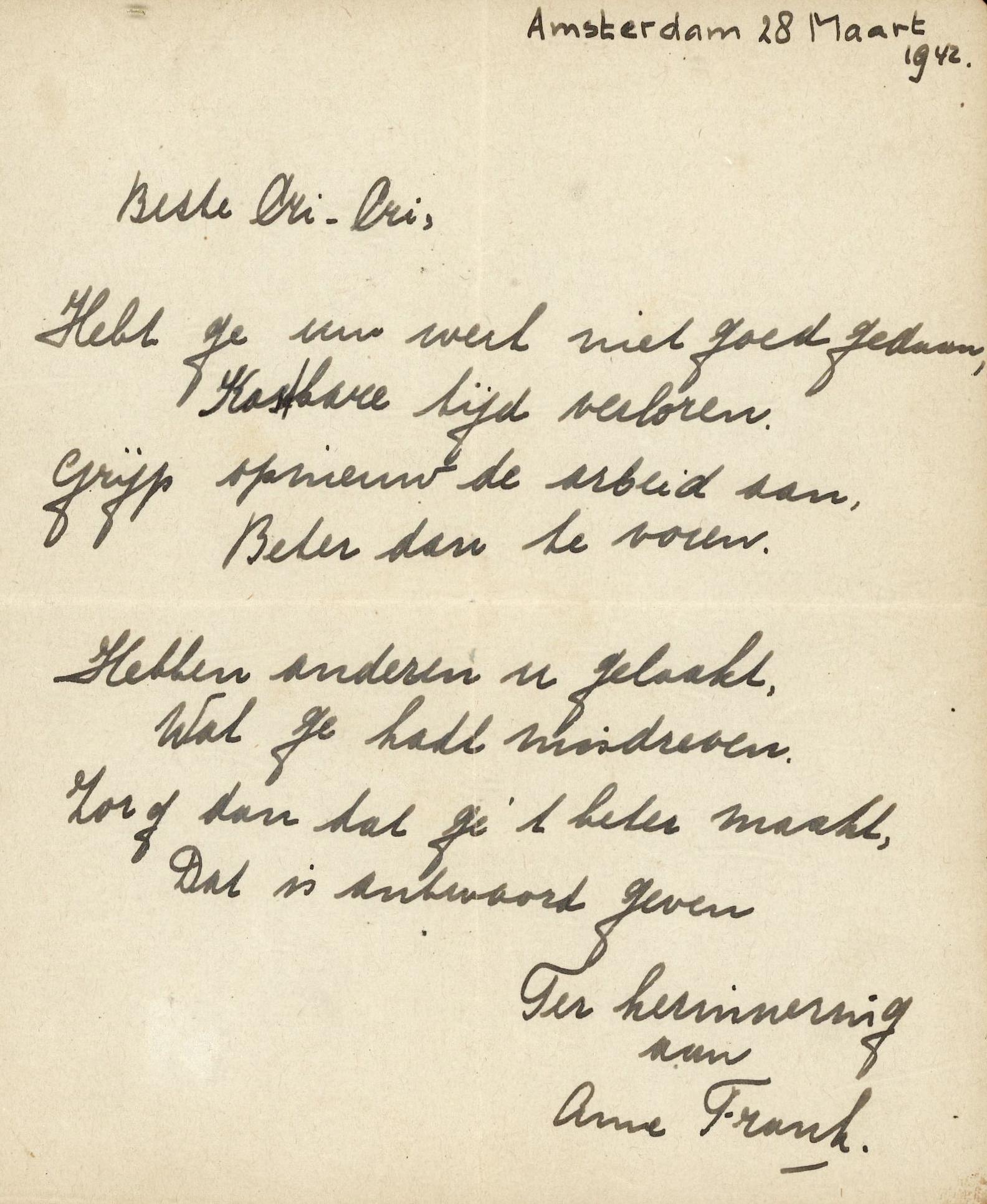 Rare handwritten note by Anne Frank on auction | GMA News Online