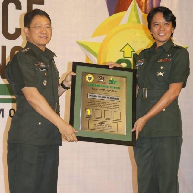 A Plaque of Recognition is presented to the Office of the Army Gender and Development for its efforts for "genuine transformation and reform." Office of the Army Gender and Development Facebook page.