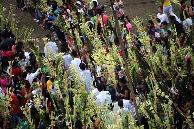 Catholic devotees wave palm fronds during the Palm Sunday blessing at the Grotto of Our Lady of Lourdes in Sta. Maria Tungkong-Mangga Road, San Jose del Monte City, Bulacan on Sunday, April 9, 2017. &acirc;DANNY PATA
