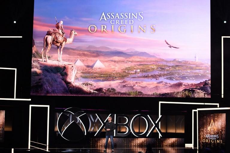 Jean Guesdon introduces Assassin's Creed Origins at the Microsoft Xbox E3 2017 Briefing, June 11, 2017 at the Galen Center in Los Angeles, California. The Electronic Entertainment Expo (E3), which focuses on new products and technologies in electronic gaming systems and interactive entertainment, takes places June 13-15 at the Los Angeles Convention Center. Robyn BECK / AFP