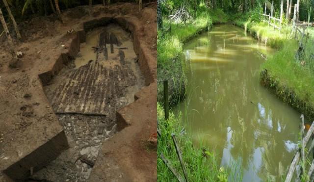 The giant balangay can be clearly seen in the freshly-drained excavation site in 2013 (left). A visit by the author to the site in June 2017 (right) shows the site filled up with water from a recent rainshower. PHOTO: National Museum (L) and TJ Dimacali (R)