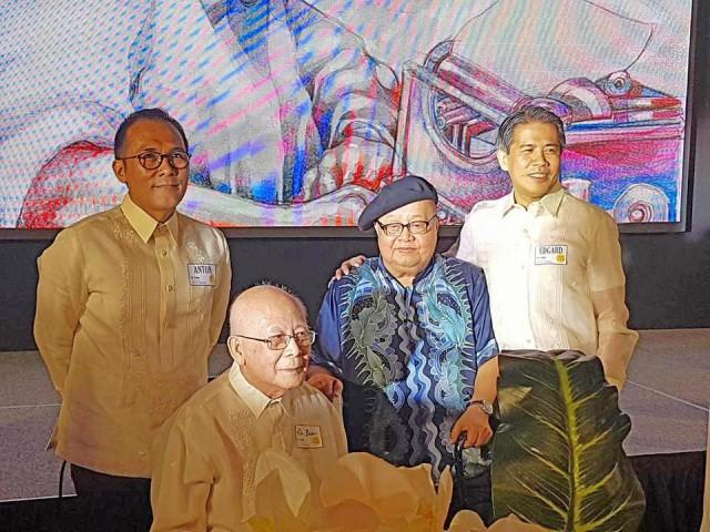 Philippines Graphic, Cook Magazine, and BusinessMirror publisher T. Anthony C. Cabangon and Aliw Media Group chairman D. Edgard A. Cabangon with National Artists F. Sionil Jose and Bienvenido Lumbera.