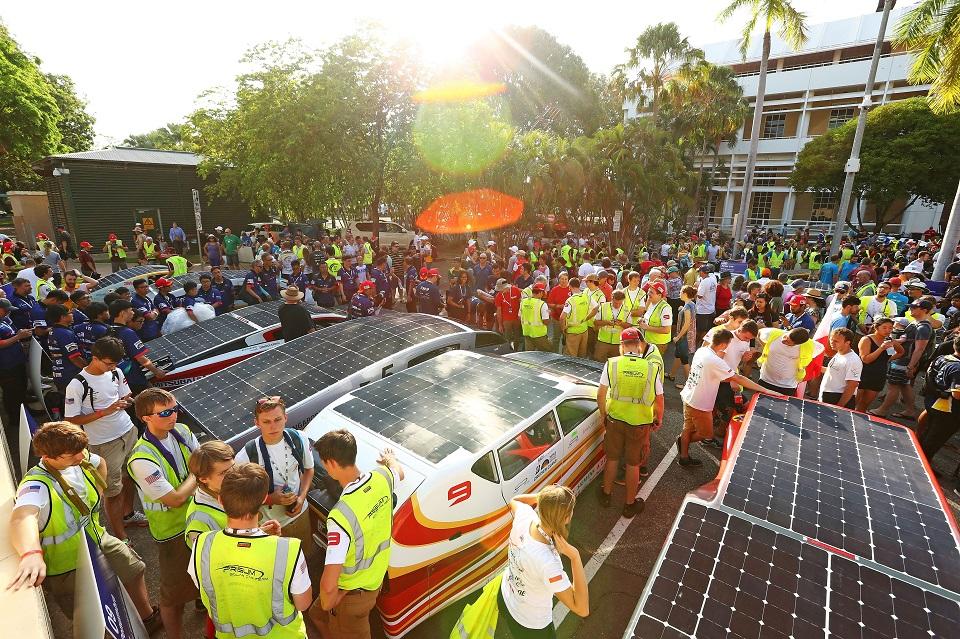 This handout from the World Solar Challenge 2017 shows a general view as solar race cars prepare to leave the start line in Darwin as racing begins on October 8, 2017. The World Solar Challenge has become one of the worldâ€™s foremost innovation challenges with teams looking to demonstrate designs that could one day lead to solar-powered cars for consumers that can carry passengers. Scott Barbour/World Solar Challenge 2017/AFP