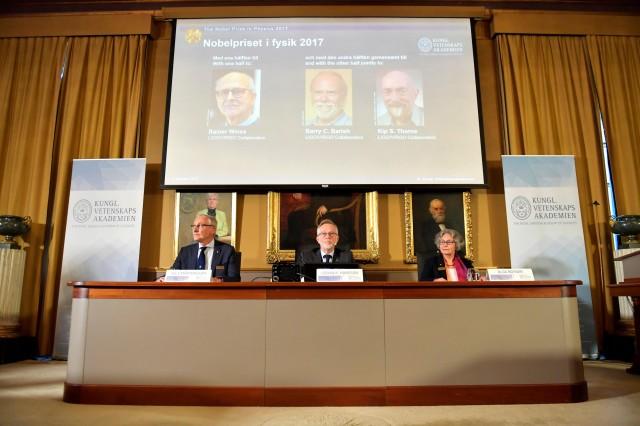 The names of Rainer Weiss, Barry C. Parish and Kip S. Thorne are displayed on the screen during the announcement of the winners of the Nobel Prize in Physics 2017, in Stockholm, Sweden, October 3, 2017.