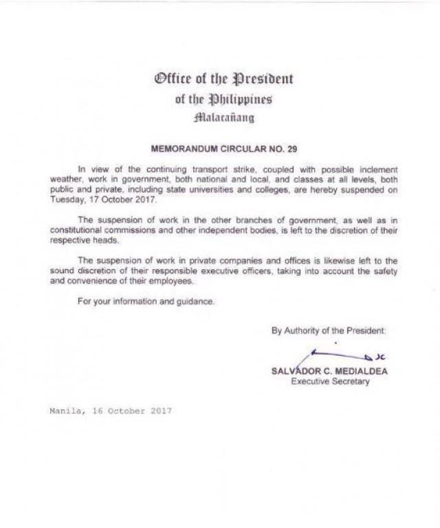 Memorandum Circular No. 29 signed by Executive Secretary Salvador Medialdea