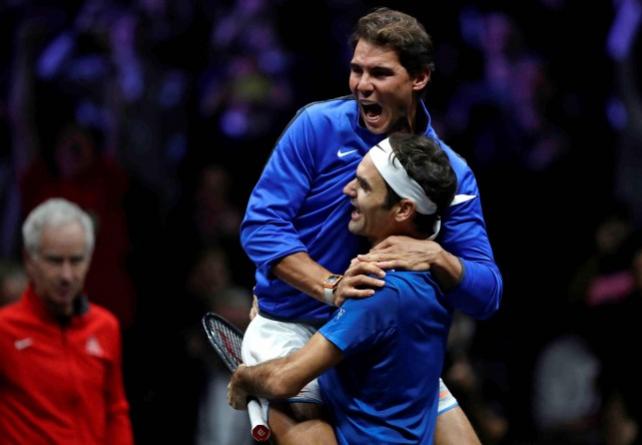 Laver Cup - 3rd Day - Prague, Czech Republic - September 24, 2017 - Roger Federer and Rafael Nadal of team Europe celebrate after winning the match. REUTERS/David W Cerny