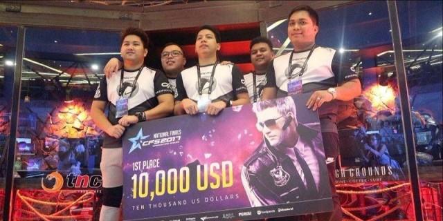 CrossFire Stars 2017 Philippine Grand Finals champion Pacific.Macta. (L-R) Christian Andres, Judan Cruz, John Kenneth Alde, Aldrin Borabon, Dennis Ramos (TNC High Grounds Caf&Atilde;&copy;, October 15, 2017)