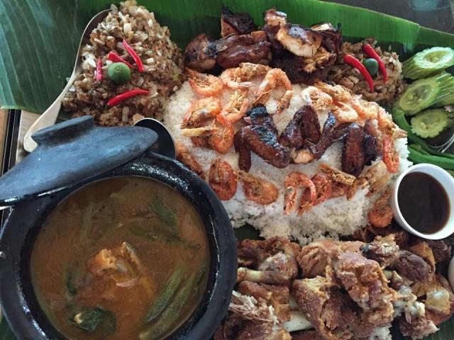 Neneng's BBF 3 meal: sinigang na ulo ng salmon sa miso, mixed veggies with buro, grilled pusit, nilasing na hipon, crispy pata, chicken barbeque, and steamed rice.