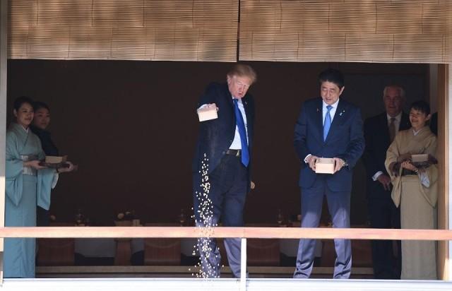 US President Donald Trump dumps a box of fish food into a koi pond as Japanese Prime Minister Shinzo Abe looks on during a welcoming ceremony in Tokyo on November 6, 2017. Jim Watson/AFP