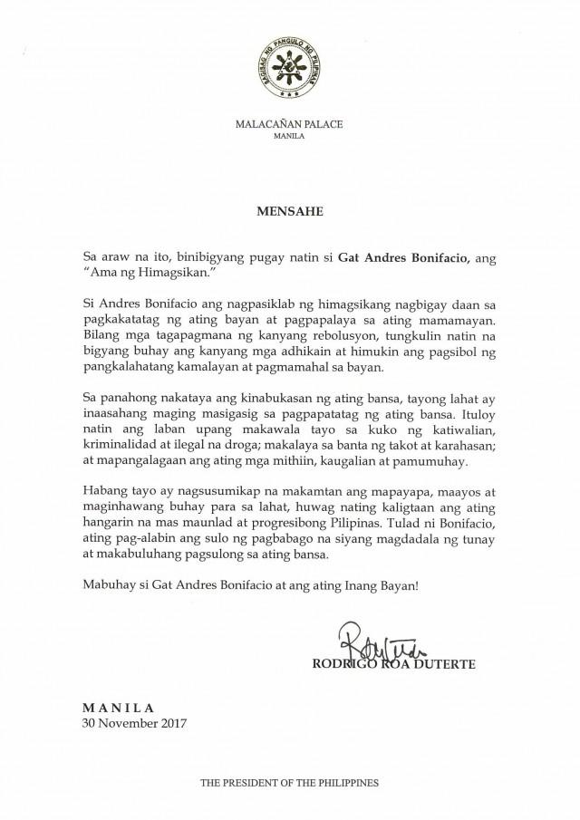 President Rodrigo Duterte's Bonifacio Day 2017 message in Filipino