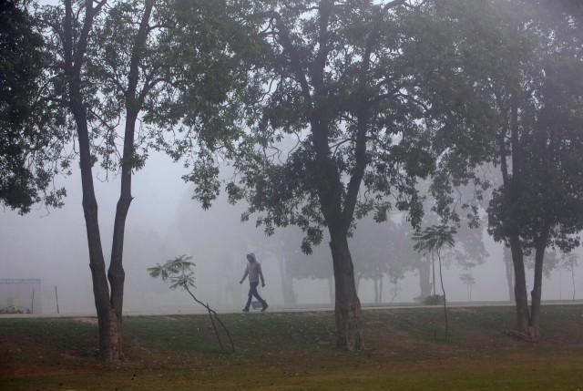 A man wearing a mask on his face walks amid smog at a public park in Lahore, Pakistan November 6, 2017. REUTERS/Mohsin Raza 