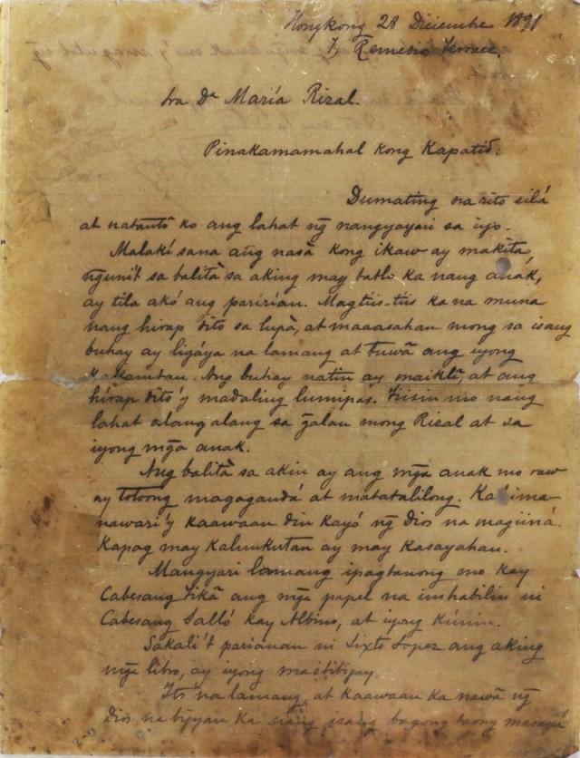 'Magtiis-tiis ka muna', Rizal writes to sister Maria.