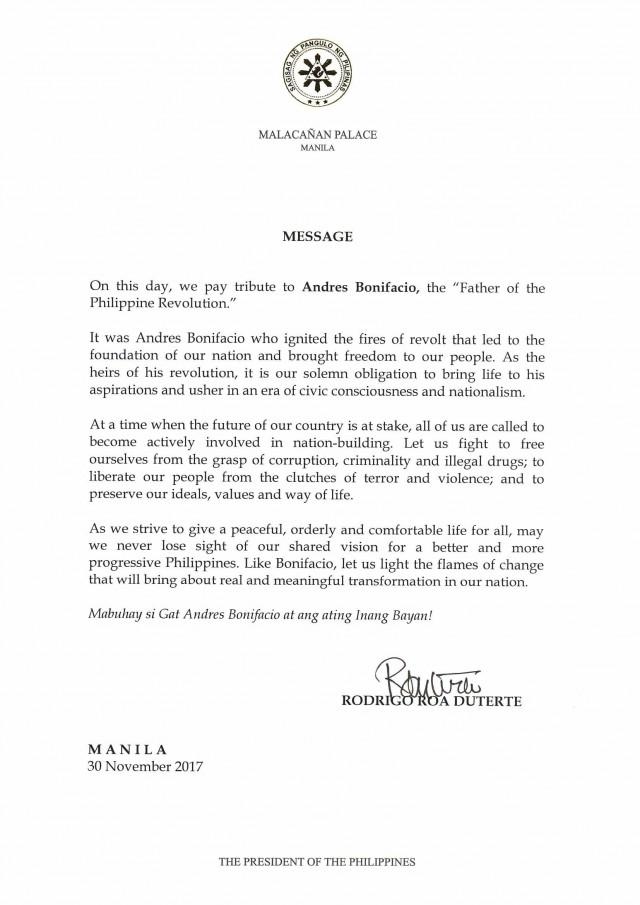President Rodrigo Duterte's Bonifacio Day 2017 message in English 