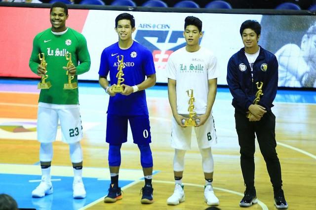 Four out of Five in the Mythical 5 in the UAAP Season 80 basketball tournament are Ben Mbala (DLSU), Thirdy Ravena (ADMU) Ricci Rivero (DLSU) and JayJay Alejandro of NU in Araneta Coliseum on Wednesday. Photo: KC Cruz