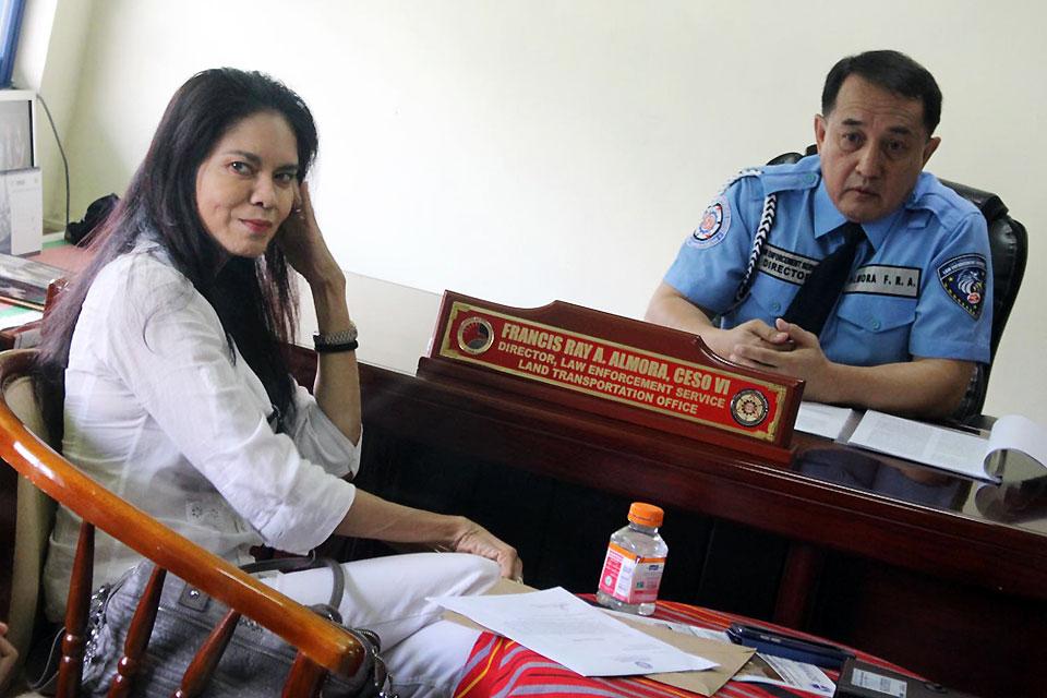 Actress Maria Isabel Lopez appears before Land Transportation Office Law Enforcement Service Director Francis Ray Almora on Wednesday, November 16, 2017, after the LTO threatened to cancel her driver's license for violating ASEAN Lane traffic policy on EDSA last November 11. GMA News