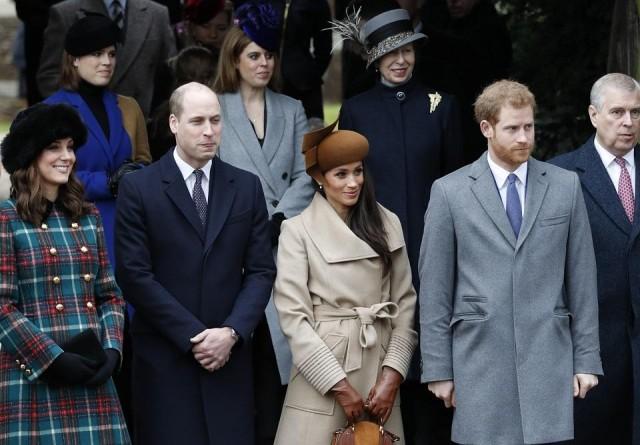 Front row, from left: The Duchess of Cambridge, Prince William, Meghan Markle, Prince Harry, and Prince Andrew. Back row, from left: Princess Eugenie of York, Princess Beatrice of York, and Princess Anne attending the Royal Family's traditional Christmas Day church service at St Mary Magdalene Church in Sandringham, Norfolk, eastern England, on December 25, 2017. Adrian Dennis/AFP