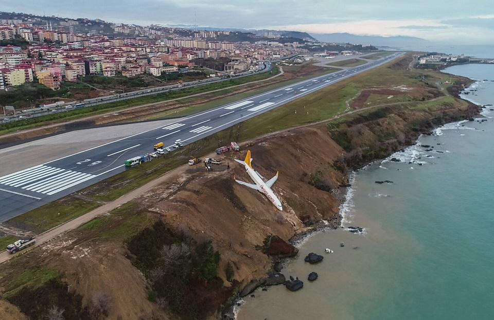 A Pegasus Airlines Boeing 737 passenger plane is seen struck in mud on an embankment, a day after skidding off the airstrip, after landing at Trabzon's airport on the Black Sea coast on January 14, 2018. Stringer/Ihlas News Agency/AFP