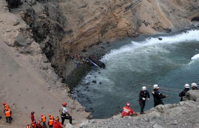 Rescue workers and police work at the scene after a bus crashed with a truck and careened off a cliff along a sharply curving highway north of Lima, Peru, January 2, 2018. REUTERS/Guadalupe Pardo