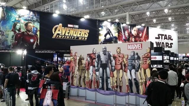 The Marvel booth at Tokyo Comic Con. Major studios, design houses, publishers, and toy manufacturers have their latest offerings on display.