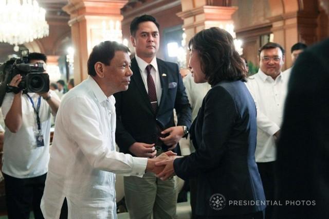 President Rodrigo Roa Duterte welcomes Japan Minister of Internal Affairs and Communication Seiko Noda in MalacaÃ±ang Palace on January 9, 2017. Also in the photo are Communications Secretary Martin Andanar and presidential spokesperson Harry Roque. Yancy Lim/Presidential Photo
