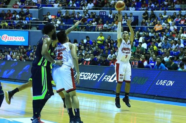 LA Tenorio of Ginebra goes for an open three-pointer during their game in the 43rd PBA Philippine Cup in Araneta Coliseum on Sunday. KC Cruz