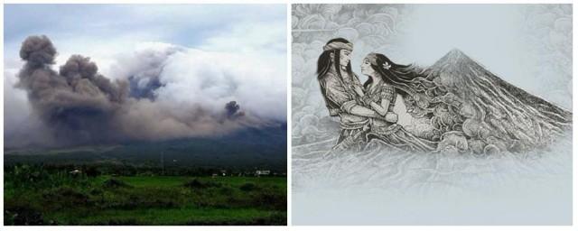 L-R: The original photo of Mt. Mayon by Bro. Jun Santiago || The viral illustration credited to Kerby Rosanes