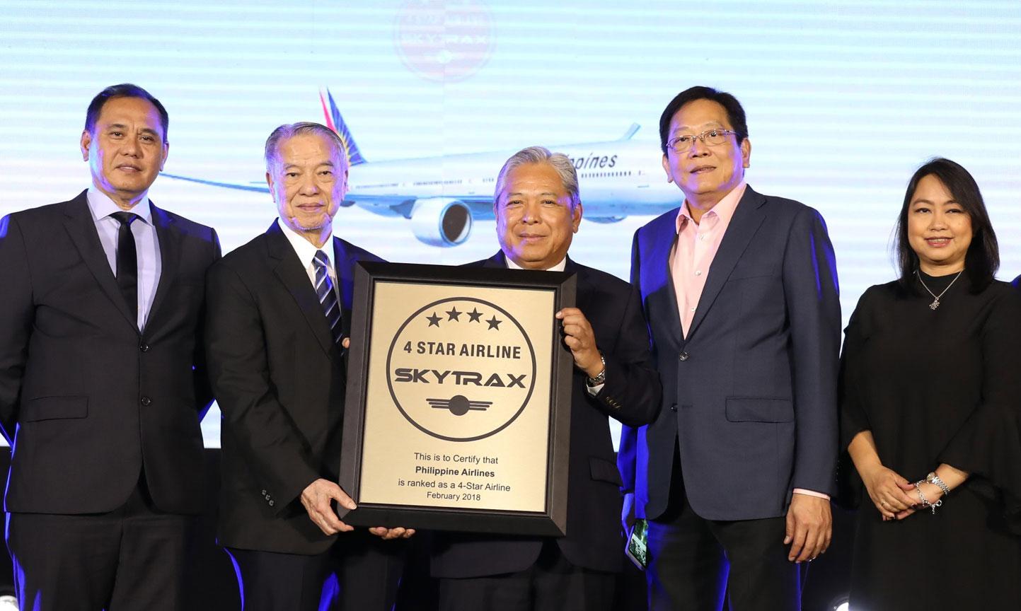 Philippine Airlines (PAL) today (Feb. 13, 2018) presented to media the 4-Star Certification plaque awarded by Skytrax last Feb. 8 in Singapore and the detailed plans for 2018 in order to sustain the 4-Star rating. Photo shows PAL Chairman and Chief Executive Officer Dr. Lucio C. Tan (2nd from left) and PAL President and Chief Operating Officer Jaime J. Bautista (3rd from right) holding the plaque, flanked by (from left) PAL Express President Bonifacio U. Sam, PAL Executive Vice President Stewart C. Lim and PAL Chief Customer Experience Officer Jessica Abaya.