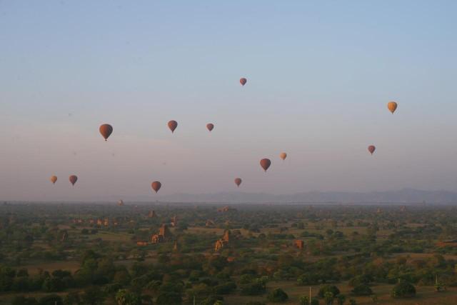 More than a dozen hot air balloons are flown over Bagan during sunrise everyday, from October to March.