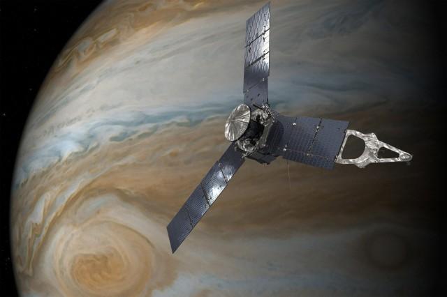 An illustration depicting the U.S. space agency's Juno spacecraft in orbit above Jupiter's Great Red Spot. NASA/JPL-Caltech/Handout via REUTERS