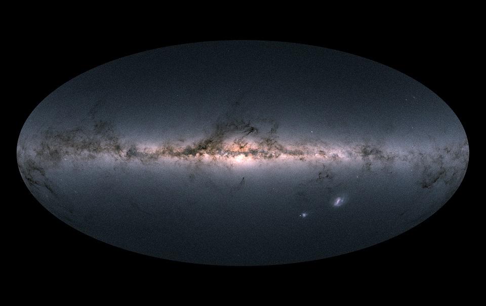 A handout photo released on April 25, 2018 by the European Space Agency shows Gaia's all-sky view of our Milky Way Galaxy and neighboring galaxies, based on measurements of nearly 1.7 billion stars. The map shows the total brightness and color of stars observed by the ESA satellite in each portion of the sky between July 2014 and May 2016. European Space Agency/AFP