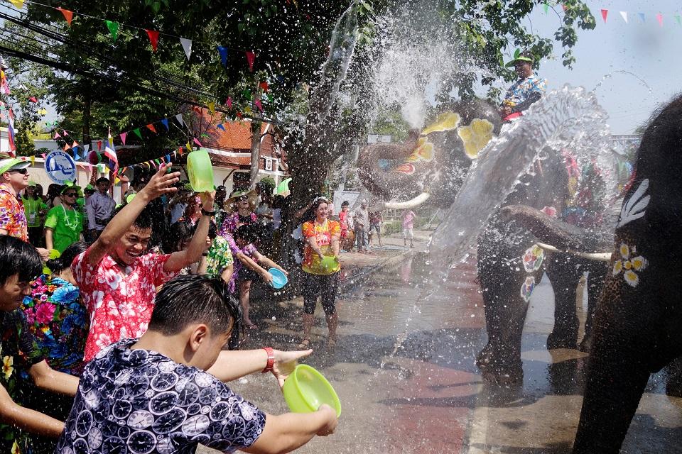 The humans get to splash the elephants too. REUTERS/Jorge Silva