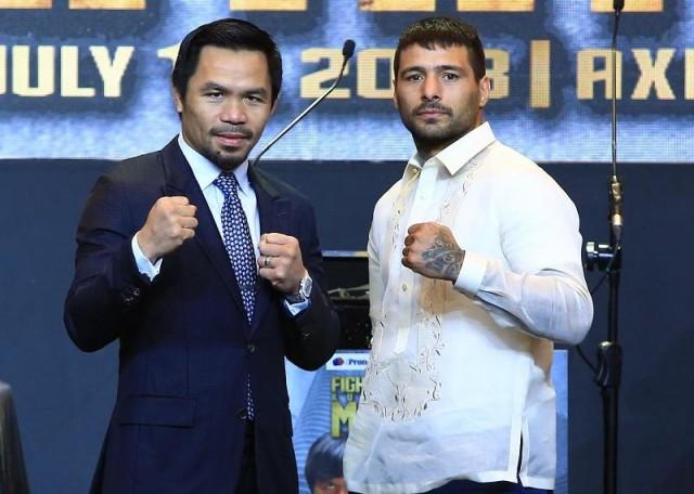 Manny Pacquiao and Lucas Matthysse at the press conference of their July bout on Wednesday. Photo: KC Cruz