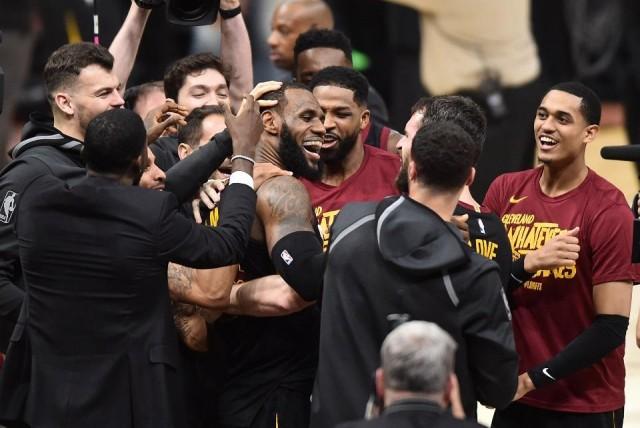 May 5, 2018; Cleveland, OH, USA; Cleveland Cavaliers forward LeBron James (23) celebrates teammates after hitting the final basket to win the game against the Toronto Raptors in game three of the second round of the 2018 NBA Playoffs at Quicken Loans Arena. Ken Blaze-USA Today Sports/Reuters