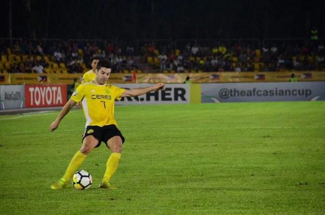 Man of the match Bienvenido MaraÃ±on of Ceres Negros Football Club in one of his score goals during their teamâ€™s match against Yangon United of Myanmar at Panaad Park and Stadium in Bacolod City Wednesday night. CONTRIBUTED PHOTO