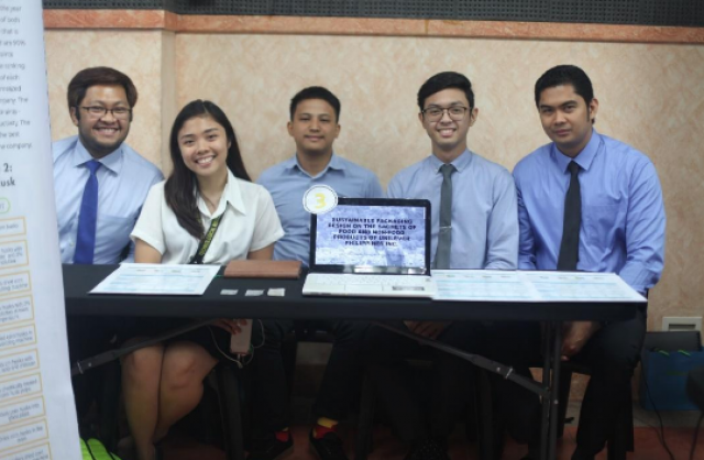 The project entitled â€œSustainable Packaging Design on the Sachets of Food and Non-food Products of Unileverâ€ was awarded first place for presenting an innovative biodegradable prototype. Kris Allen Cruz, Danielle Samantha Gundayao, Rellie Samson, John Paulo Rosuelo, and Neilson Pancho are Industrial Engineering students from T.I.P. (left to right). 