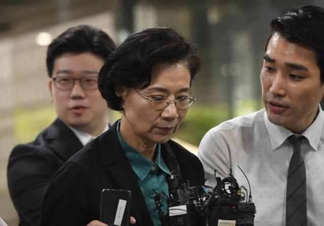 Lee Myung-hee, wife of Korean Air chairman Cho Yang-ho, arrives for questioning on her arrest warrant at the Seoul Central District Court in Seoul on June 4, 2018. Lee faces multiple allegations of assault against drivers and housekeepers from her personal staff as well as construction workers renovating her home and building a Korean Air-affiliated hotel. Jung Yeon-je/AFP