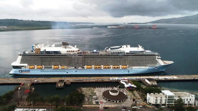 MS Ovation of the Seas, a Royal Caribbean International cruise ship, docks at the Alava Wharf during its maiden port call in the Subic Bay Freeport on Friday, June 8. 