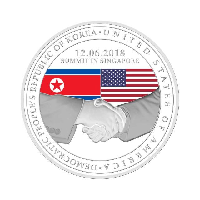 A design for one of three medallions unveiled by Singapore Mint commemorating U.S. President Donald Trump and North Korean leader Kim Jong Un's meeting in Singapore is shown in this handout image supplied by the Singapore Mint on June 5, 2018. The Singapore Mint/Handout via REUTERS