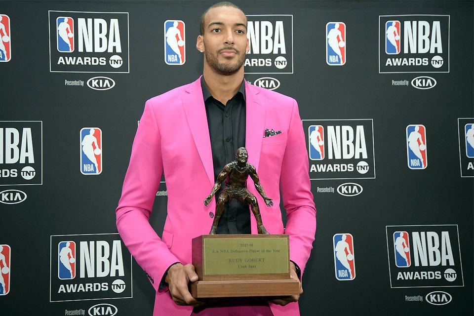 Utah Jazz center Rudy Gobert poses for photos with his defensive player of the year award during the NBA Award Show at Barker Hanger in Santa Monica, California on Monday, June 25, 2018 Gary Vasquez-USA TODAY Sports