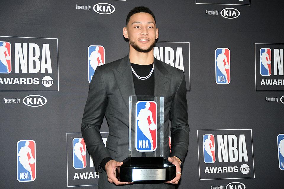 Philadelphia 76ers guard Ben Simmons poses for photos following his award for rookie of the year during the NBA Award Show at Barker Hanger in Santa Monica, California on Monday, June 25, 2018. Gary Vasquez-USA TODAY Sports