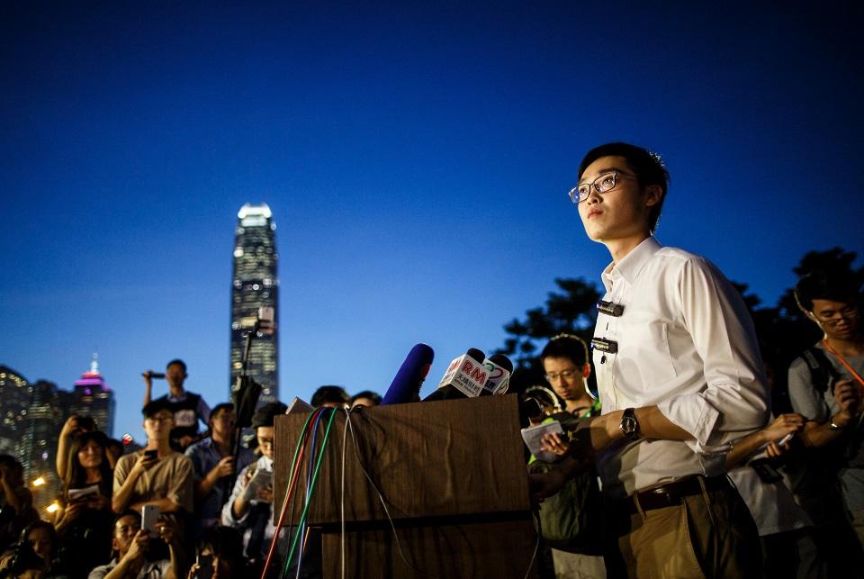 This file photo taken on August 5, 2016 shows Andy Chan, leader of the pro-independence Hong Kong National Party, speaking at a press conference at the start of a rally near the government's headquarters in Hong Kong. Anthony Wallace/AFP