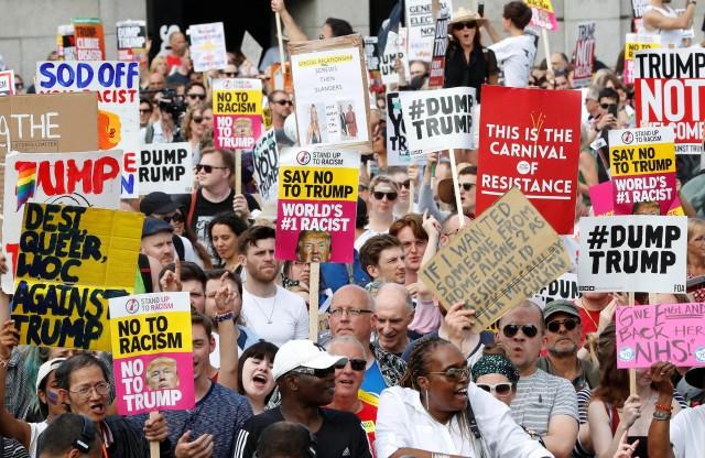 Demonstrators protest against the visit of U.S. President Donald Trump, in central London, Britain, July 13, 2018. REUTERS/Yves Herman